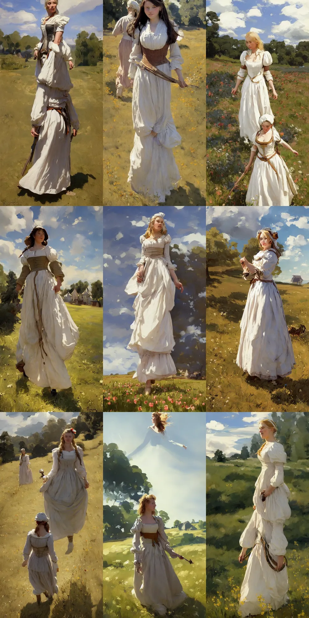 Prompt: finnish norway scandinavian attractive village maiden wearing 1 7 th century bodice walking in the field in a sunny day, jodhpurs greg manchess painting by sargent and leyendecker, studio ghibli, fantasy, medium shot, asymmetrical, intricate, elegant, matte painting, illustration, hearthstone, by greg rutkowski, by greg tocchini, by james gilleard