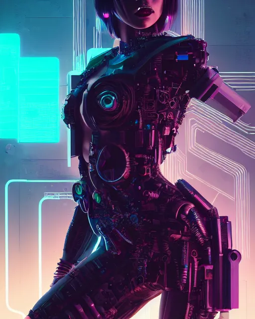 Image similar to portrait of agatha vega as a cyberpunk cyborg. sci - fi, missing panels, intricate abstract upper body intricate artwork, by tooth wu, wlop, beeple, dan mumford. concept art, octane render, deviantart, greg rutkowski, cinematic, key art, hyperrealism, iridescent accents