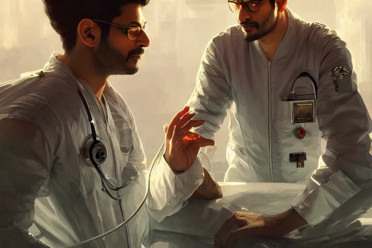 Image similar to Sensual good looking pale young Indian doctors wearing Deus Ex clothing in a space station above Earth, portrait, elegant, intricate, digital painting, artstation, concept art, smooth, sharp focus, illustration, art by artgerm and greg rutkowski and alphonse mucha