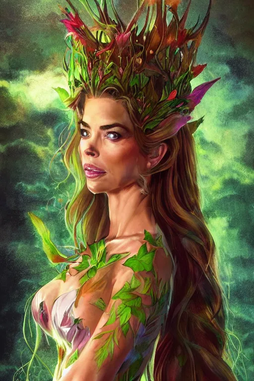 Prompt: portrait of denise richards as titania, summer queen. faerie queen. queen of light, rainbow colors, poison ivy, made by caravaggio stanley artgerm lau wlop rossdraws artstation cgsociety concept art cgsociety octane render