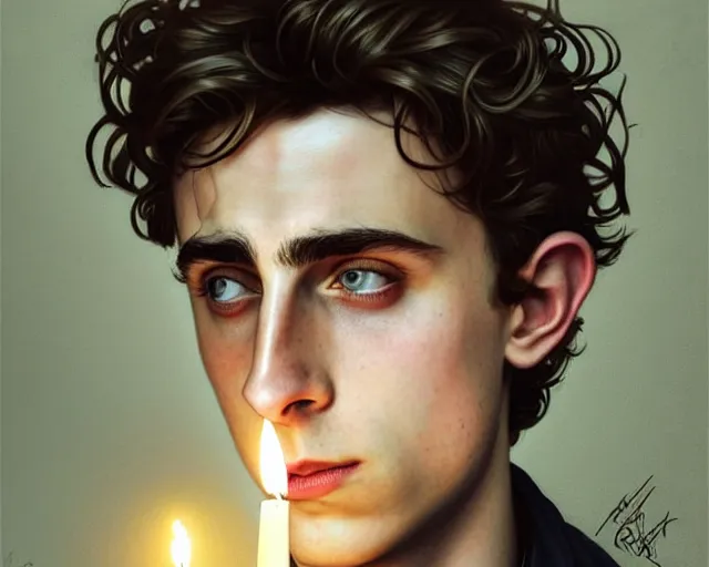 Image similar to a mind - blowing portrait of timothee chalamet, holding a candle holder, wearing dark maritime clothing, long night cap, deep focus, d & d, fantasy, intricate, elegant, highly detailed, digital painting, artstation, concept art, matte, sharp, illustration, hearthstone, art by artgerm and greg rutkowski and alphonse mucha