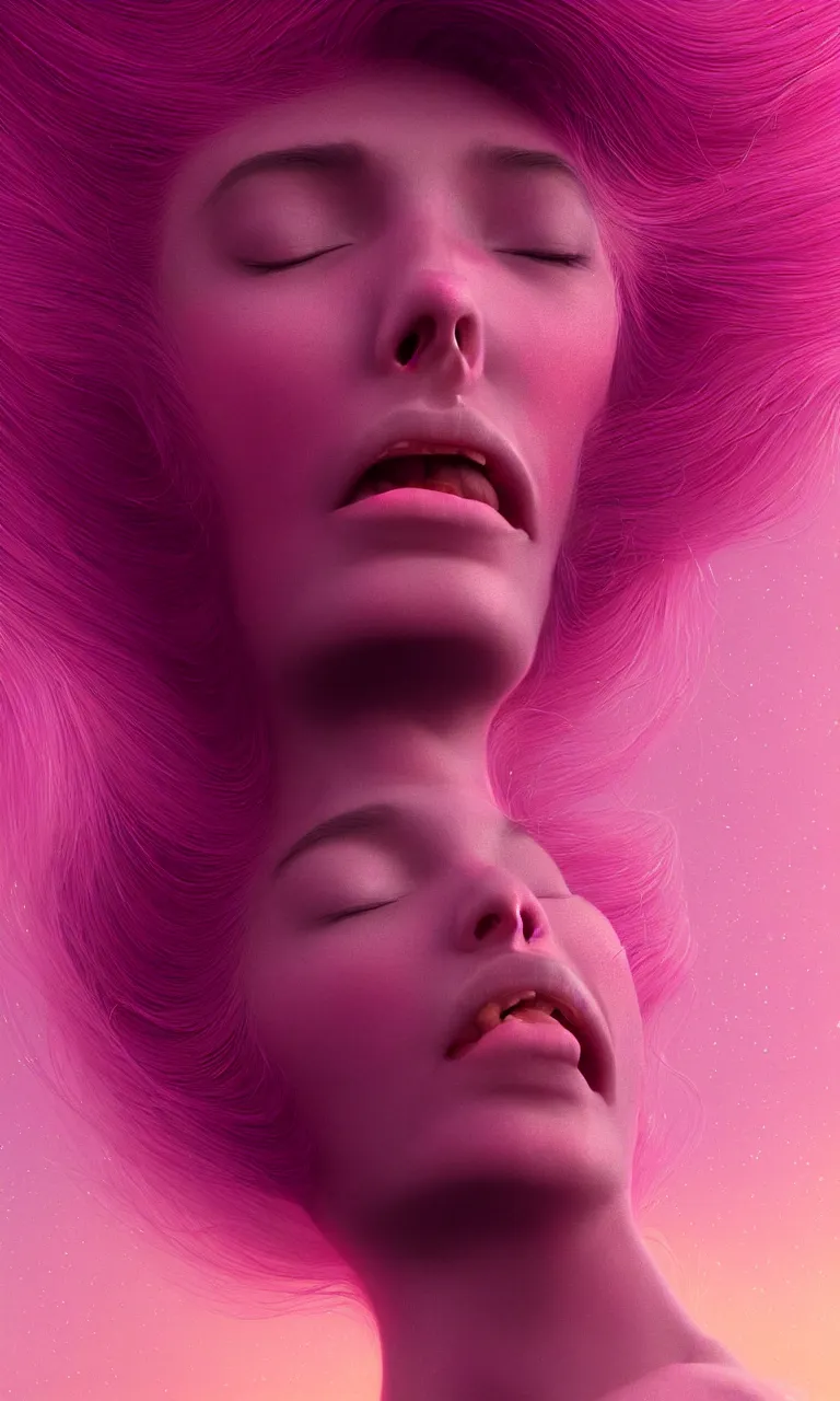 Image similar to young beautiful woman screaming in etheric hypothalamus of her mind, in a pink color palette of cosmic spring, symmetry, symmetrical face, intricate, beautiful illustration, retro futuristic, cinematic colors, style of edward robert hughes + zdzislaw beksinski, octane render, detailed, detail, waist up shot