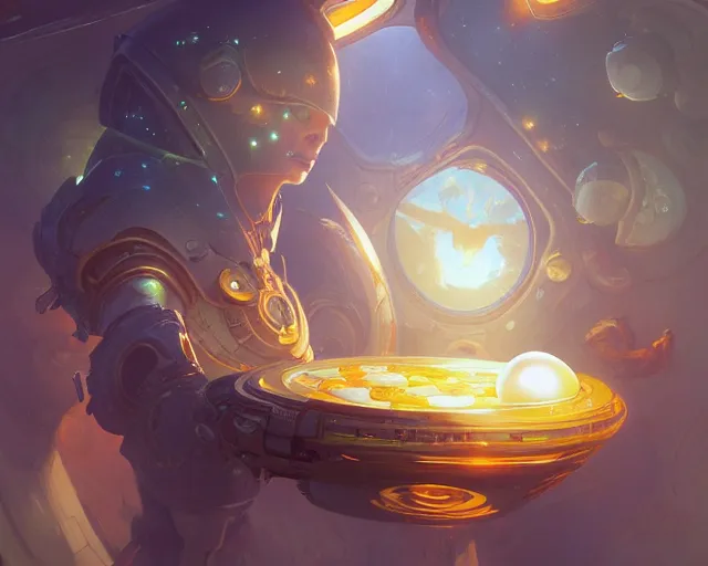 Image similar to a fried egg as a head, inside a spaceship, deep focus, d & d, sci - fy, intricate, elegant, highly detailed, digital painting, artstation, concept art, matte, sharp focus, illustration, hearthstone, art by artgerm and greg rutkowski and alphonse mucha