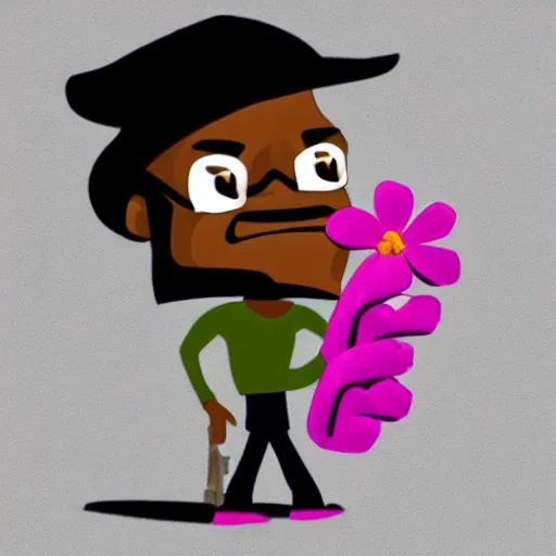 Prompt: a stylized cartoon of samuel l jackson with a pink flower in his hand