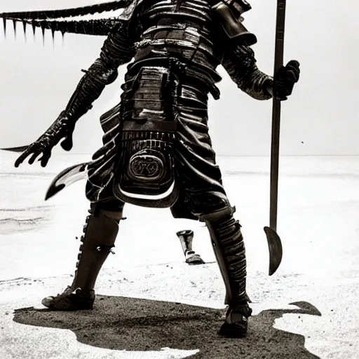 Prompt: old alien samurai attacking with his sword, photography