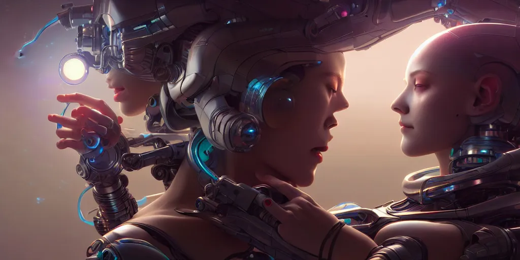 Prompt: ultra detailed, the creation of a female android, sci - fi, eerie, cyborg, cyberpunk, fantasy, triadic color scheme, octane render, matte painting, asymmetrical, intricate concept art, triadic color scheme, art by artgerm and michelangelo and dzo and greg rutkowski and alphonse mucha and wlop