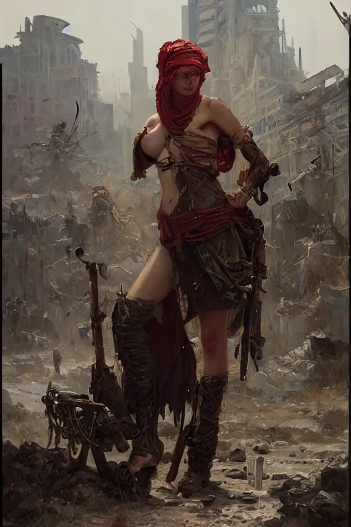 Image similar to a full body portrait of a beautiful post apocalyptic offworld butchers district bedouin blind pulp fiction scarlet wild rogue barbarian leper begging by the roadside, intricate, elegant, highly detailed, digital painting, artstation, concept art, smooth, sharp focus, illustration, art by krenz cushart and artem demura and alphonse mucha