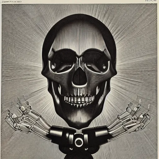 Image similar to “A robot skull with a mirror finish, held by a shiny robot hand; Showing subtle reflection of the room; Artist, Maurits Cornelis Escher, Dutch, 1898-1972 ;Date, 1935 ; Lithograph printed in black ink on wove paper; Detailed gallery print”