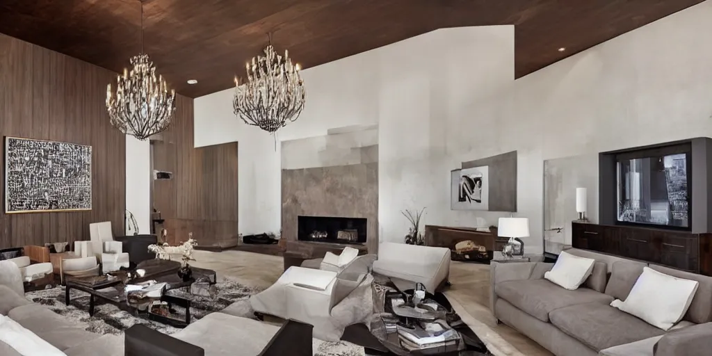 Prompt: a modern living room with dark wood floors and muted colored walls, adjacent hallways, and a wall sized hollywood fireplace, low hanging art deco chandeliers on fire.