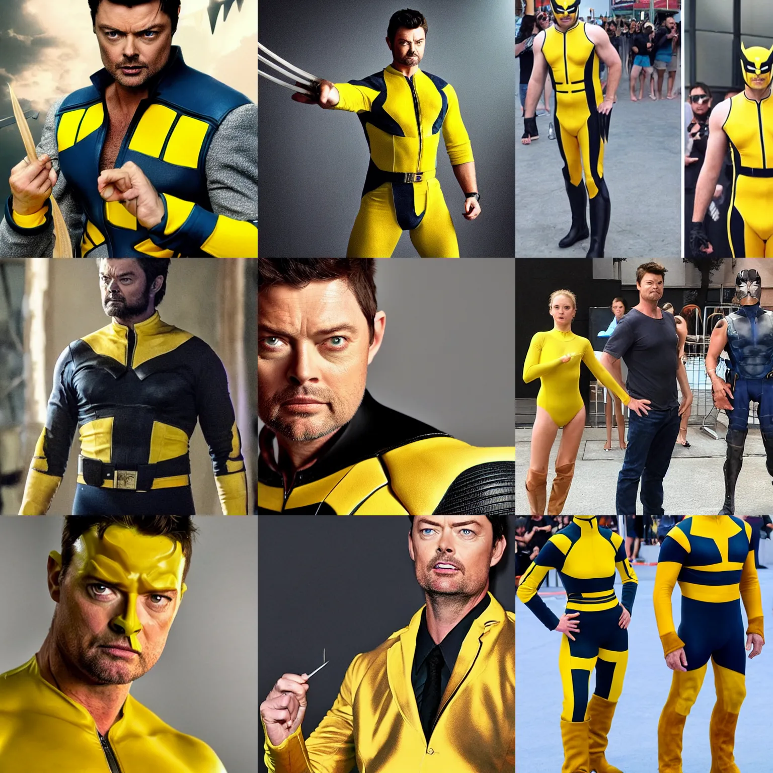 Prompt: karl urban wears classic yellow leotard wolverine costume