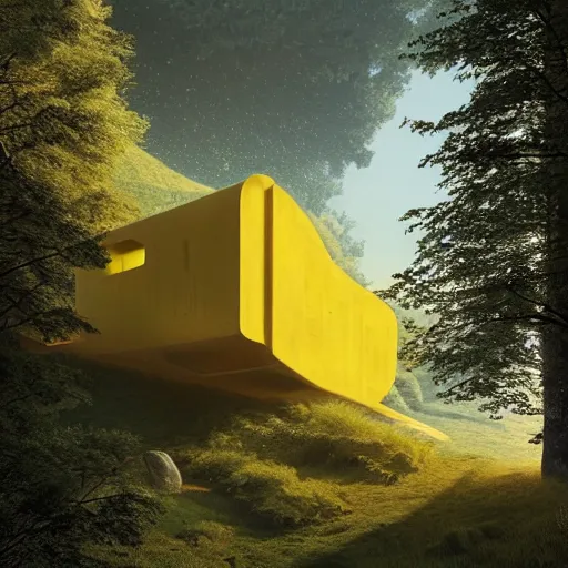 Image similar to futuristic yellow house between hills with big trees, monks walking, multiple moons, dramatic lighting, artstation, matte painting, raphael lacoste, simon stalenhag, frank lloyd wright, zaha hadid