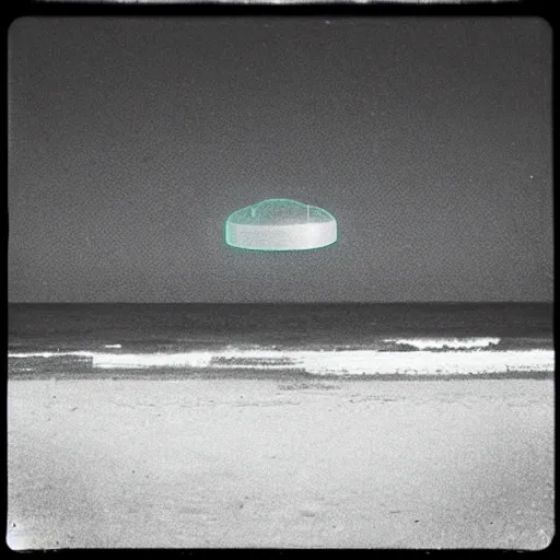 Image similar to “A UFO at the beach, dreamcore aesthetic, taken with a Pentax K1000, Expired Burned Film from 1930s, Softbox Lighting, 85mm Lens”