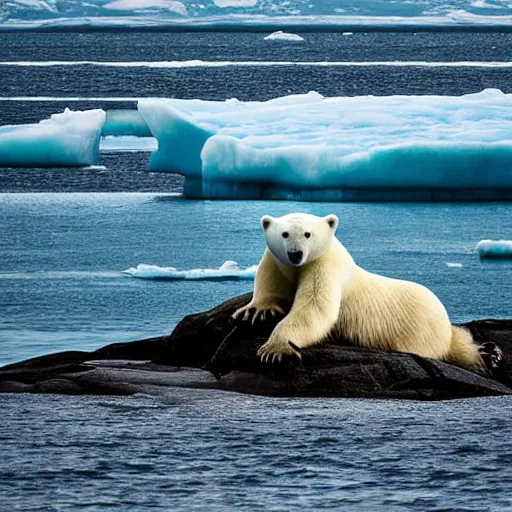 Image similar to a lonely polar bear on an iceberg. stormy seas. photograph in the style of simon stalenhag