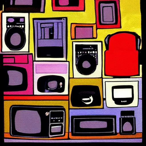 Prompt: array of crt televisions made out of fur, tv static, antenna, stacked, polaroid, steroids, adult video store, impressionist painting, painting, acrylic painting, cell shaded