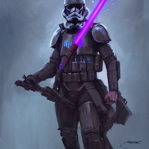 Image similar to concept art of a portrait by greg rutkowski, a soldier of the eternal empire wearing purple and white tactical gear, star wars expanded universe, smooth, sharp focus, artstation hq.