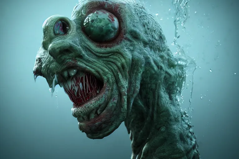 Image similar to a creepy monster, slimy tongue, saliva, translucent skin, standing in shallow water, drowned, unsettling, creepy, artstation, cgsociety, insanely detailed octane render, 8k artistic photography, photorealistic