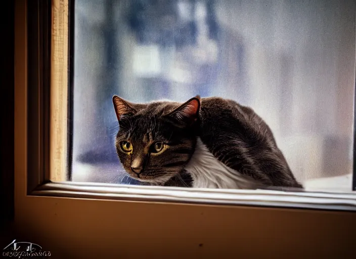 Image similar to photography of a Cat . watching outside the window. on a bed. in a 70's room full of vinyls and posters, photorealistic, award winning photo, 100mm, sharp, high res