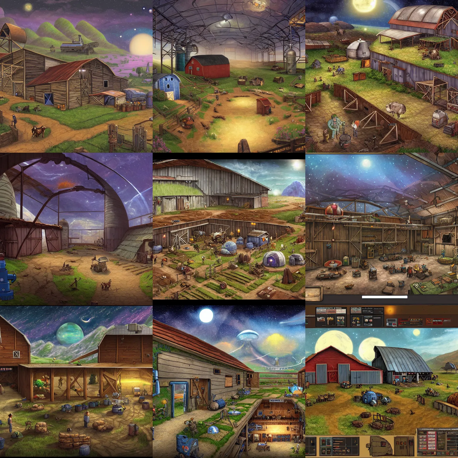 Prompt: inside a farm barn, on a remote planet, from a space themed point and click 2 d graphic adventure game, very detailed, art inspired by thomas kinkade