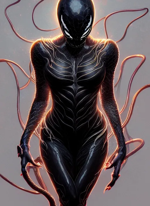 Image similar to portrait of venom, intricate, elegant, glowing lights, highly detailed, digital painting, artstation, glamor pose, concept art, smooth, sharp focus, illustration, art by artgerm and greg rutkowski, artey freytag