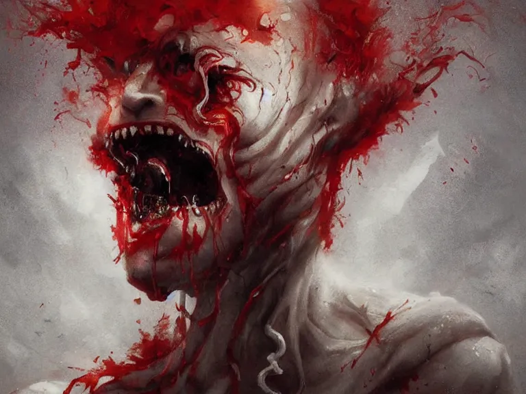 Image similar to painting by greg rutkowski of a flying human head with tears running down it's face face that is chalk white in color, with tentacles coming of the neck, fiery scorching red eyes, flying in a terrying hell like cavernous place