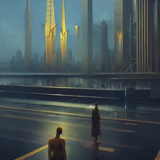 Image similar to futuristic pyramids, spires, chillwave, electronic billboards, tech noir, wet reflections, atmospheric, ambient, livia prima, greg rutkowski, edward hopper, pj crook