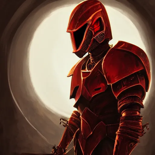 Image similar to evil knight, glowing halo, fantasy art, red intricate armor, located in a castle, morning sunlight through the window, decorated, high quality, highly detailed, 4 k