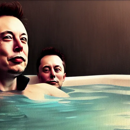 Prompt: UHD photorealistic Elon Musk and Dagon in a hot tub, in the style of tonalism by Greg Rutkowski, trending on Artstation, hyperrealistic, correct details, symmetrical faces