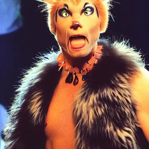 Image similar to 📷 john partridge playing rum tum tugger cat, spike collar, fluffy neck, cats 1 9 9 8 musical 🎶, professional cat makeup, stunning choreography and lighting