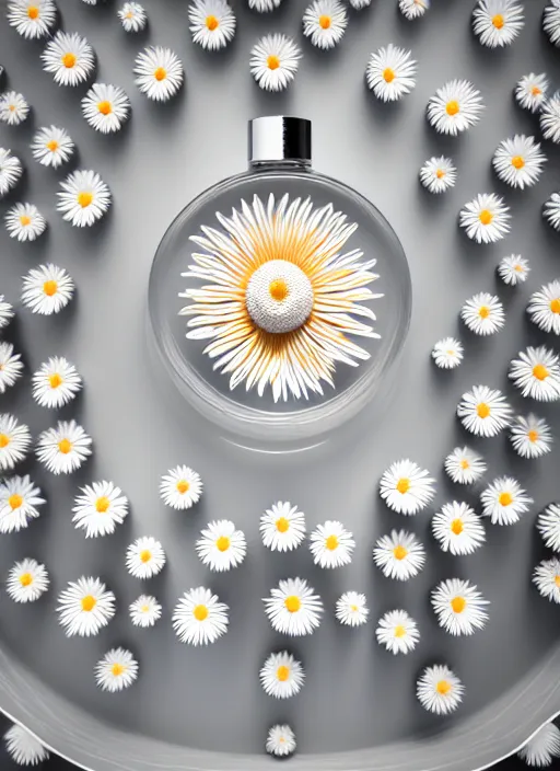 Image similar to perfume bottle standing in the center of a biomechanical white enchanted coral circular portal made of daisies with smooth fair walls, up close shot, sharp focus, global illumination, radiant light, alexandre ferra white mecha, irakli nadar, octane highly render, 4 k, ultra hd,