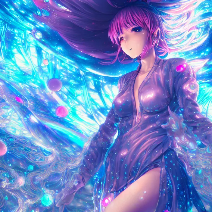 Prompt: ultra detailed illustration of a anime girl covered in liquid chrome, lost in a dreamy fairy multiverse by ross tran, Andrew Thomas Huang, dan mumford, Druillet, colorful, front view, vivid colors, 8k, coherent, artgerm, anime vibes, octane render, uplifting, magical composition, artstation