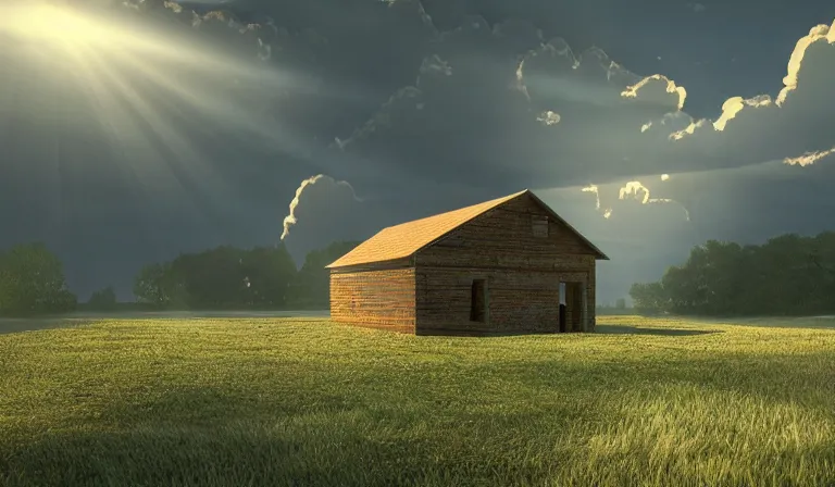 Image similar to A serene landscape with a singular building in the style of god rays, volumetric light.