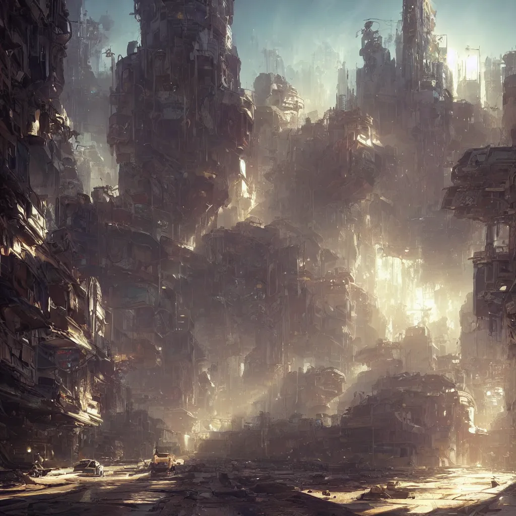 Prompt: an abandoned city soft lighting, sun light rays, wadim kashin, stephan martiniere,