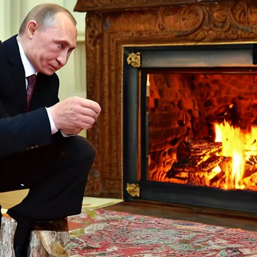 Image similar to vladimir putin looking at a log fire photograph, nikon lighting effect dof