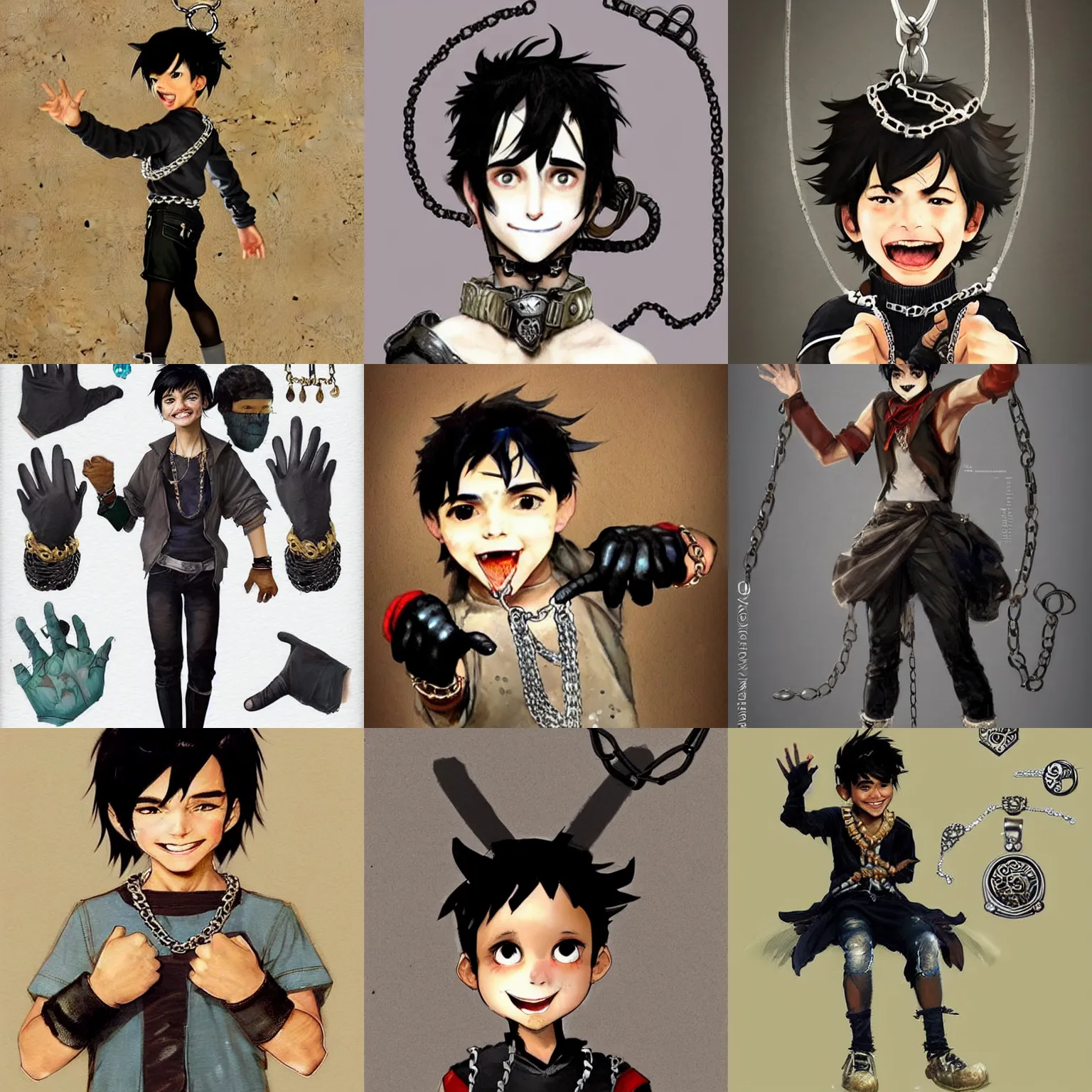 Prompt: a boy with black hair dressed as a demigod with fingerless gloves, pendants, chains and jewelry and a big smile and friendly demeanor. Concept art. Trending on Artstation. By Tatsuki Fujimoto, Norman Rockwell .