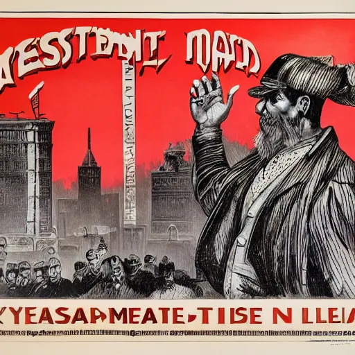 Image similar to 1 9 0 8 capitalism propaganda poster, black and white engraving on antique yellowed paper, with red ink used for emphasis, eastern european look, serious face of leader in the middle of poster, with intricate imagery of buildings and factories and laborers in the background