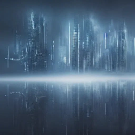 Image similar to futuristic city surrounded by dark mist