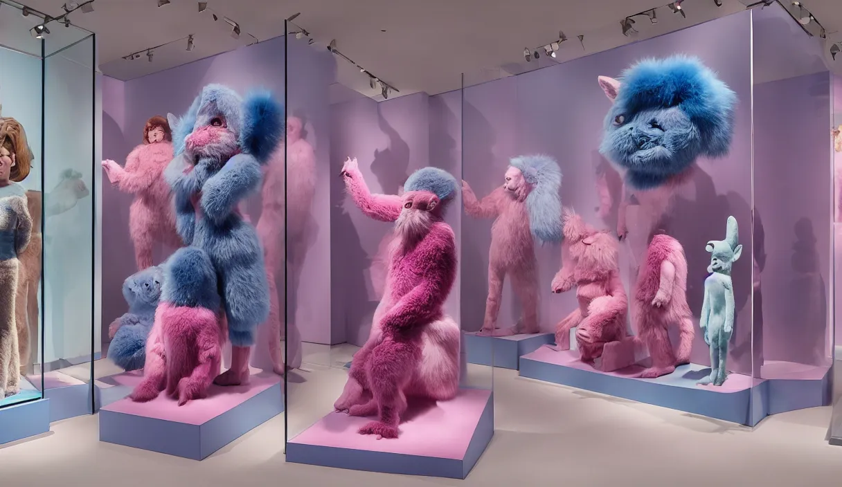 Prompt: diorama windowstore vitrine at the american museum of natural history, new york, of very realistic dissected in furry pink and blue and iridiscent teletubbies as furry animals, photography portrait aesthetic by guy bourdin, museum artifact