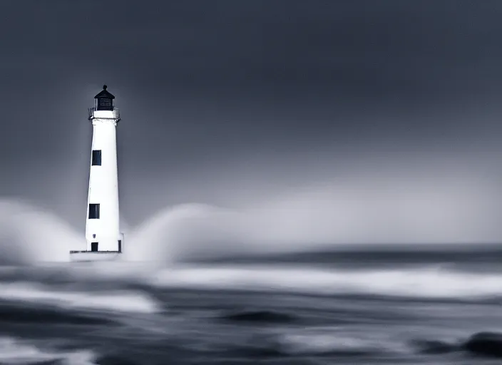 Image similar to a photo of a lighthouse in a storm at night. lonely, churning waves, splashing on lighthouse. warm lighting, long exposure