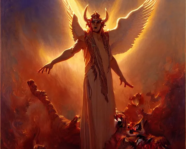 Image similar to attractive male deity, casting demonic magic, summoning handsome lucifer morning star. highly detailed painting by gaston bussiere, craig mullins, j. c. leyendecker 8 k