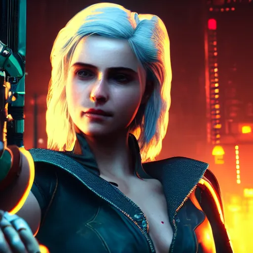 Prompt: Ciri with robotic arms portrait in night city cyberpunk, 8k ultra realistic, award winning, unreal engine 5, masterpiece