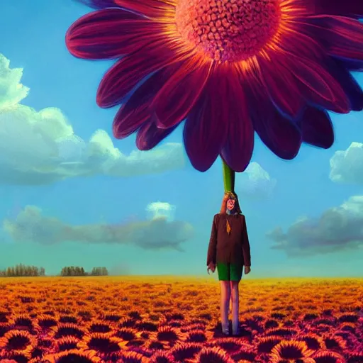 Image similar to giant daisy flower as head, girl standing in a flower field, surreal photography, sunrise, dramatic light, impressionist painting, colorful clouds, digital painting, artstation, simon stalenhag