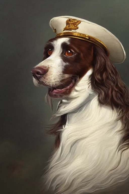 Prompt: a painted portrait of a springer spaniel with brown fur, no white fur, wearing a sea captain's uniform and hat, sea in background, oil painting by thomas gainsborough, elegant, highly detailed, anthro, anthropomorphic dog, epic fantasy art, trending on artstation, photorealistic, photoshop, behance winner