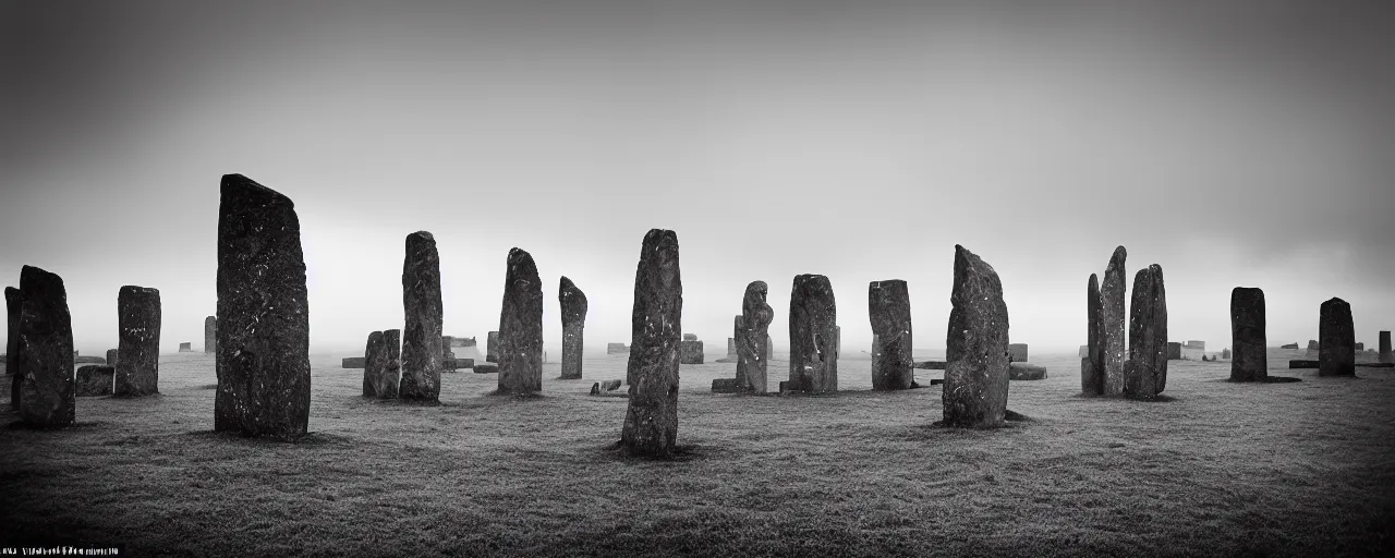 Image similar to 'an army of cats sit in front of the neolithic standing stones of stenness, haunting, fog, grainy, snowing, atmospheric clouds'