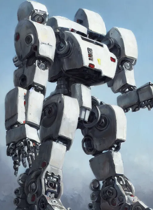 Prompt: an intricate oil painting of a giant pristine white mechsuit mecha mech with rounded components and tarpaulin cloak by kallamity, by ian mcque inspired by nier : automata, clean white lab background