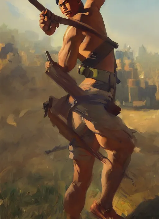 Image similar to greg manchess side portrait of a filipino fighter with a staff standing on a tank, organic painting, sunny day, matte painting, bold shapes, hard edges, street art, trending on artstation, by huang guangjian, gil elvgren, ruan jia, randy vargas, greg rutkowski