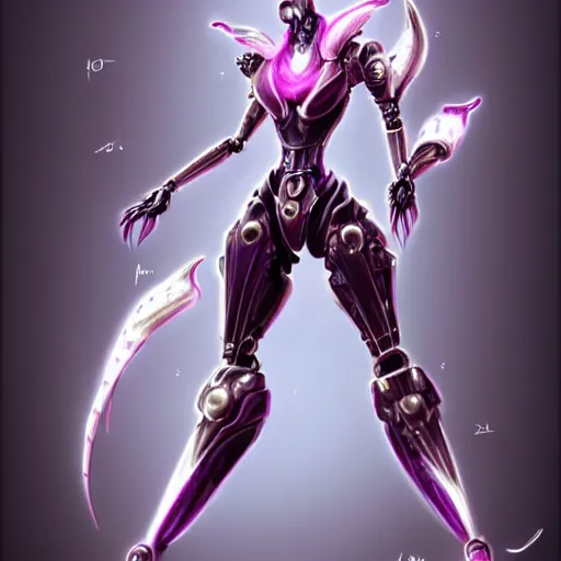 Image similar to highly detailed realistic exquisite fanart, of a beautiful female warframe, but as an anthropomorphic elegant robot female dragon, glowing eyes, shiny and smooth off-white plated armor, bright Fuchsia skin beneath the armor, sharp claws, well designed robot dragon four fingered hands, and sharp elegant robot dragon three clawed feet, royal elegant pose, full body and head shot, epic cinematic shot, professional digital art, high end digital art, DeviantArt, artstation, Furaffinity, 8k HD render, epic lighting, depth of field