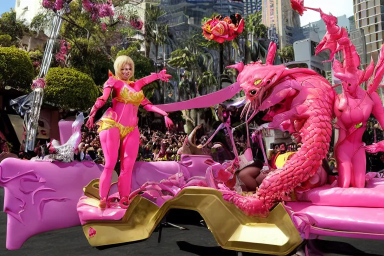 Image similar to Angelyne fights Scorpion from Mortal Kombat on a float at the Rose Parade, hyperdetailed, photorealistic,