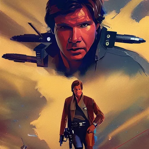 Image similar to harrison ford as han solo, colorful, contrast, 3 d scene, greg rutkowski, zabrocki, karlkka, jayison devadas, trending on artstation, 8 k, ultra wide angle, zenith view, pincushion lens effect