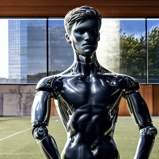 Image similar to a realistic detailed photo of a guy who is an attractive humanoid who is half robot and half humanoid, who is a male android, soccer player martin ødegaard, shiny skin, posing like a statue, blank stare, by the pool, on display, showing off his muscles, humanoid robot, frozen ice statue