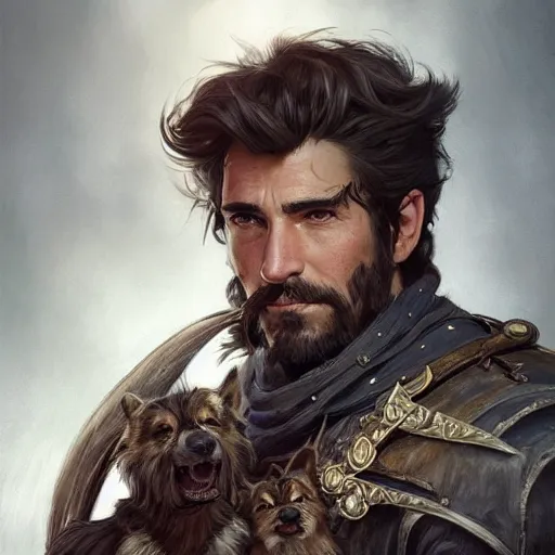 Image similar to portrait of a young, ruggedly handsome swordsman with a corgi head, soft hair, muscular, half body, leather, hairy, d & d, fantasy, intricate, elegant, highly detailed, digital painting, artstation, concept art, smooth, sharp focus, illustration, art by artgerm and greg rutkowski and alphonse mucha